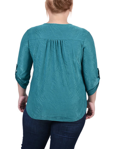 Plus Size 3/4 Roll Tab Zip Front Jacquard Knit Top