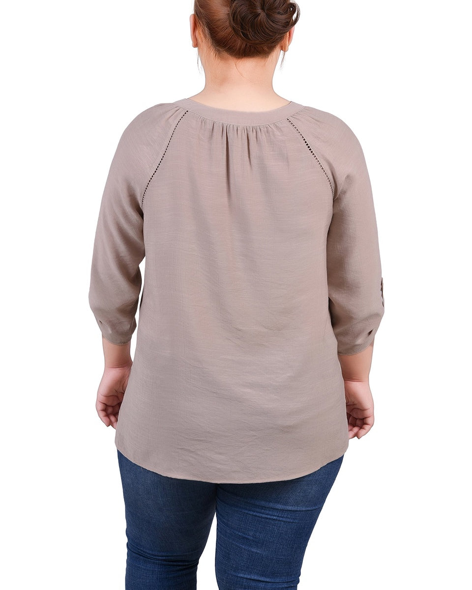  NY Collection Plus Size Raglan Sleeve Split Neck Blouse - Black - Bonton