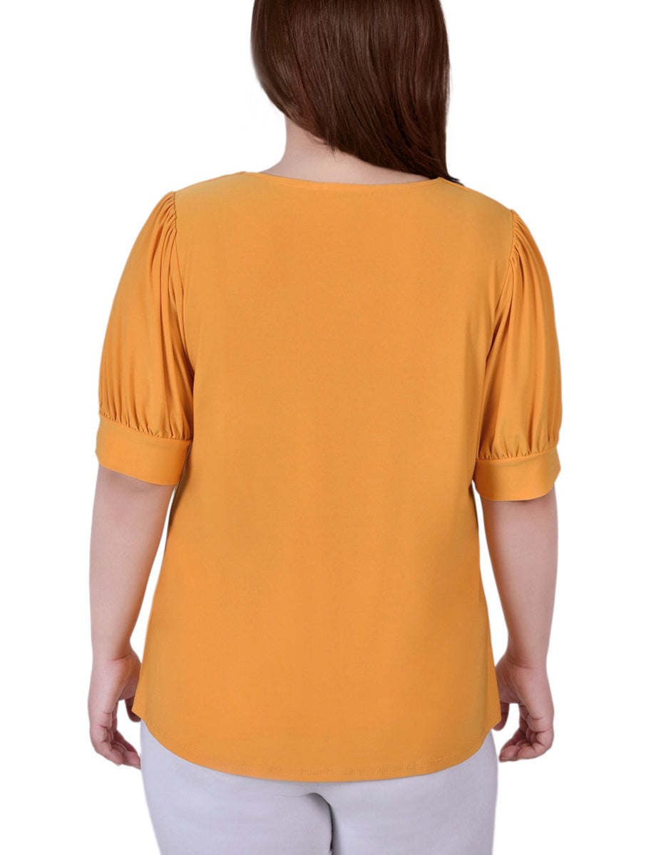  NY Collection Plus Size Short Sleeve Balloon Sleeve Top With Hardware - Bittersweet - Bonton