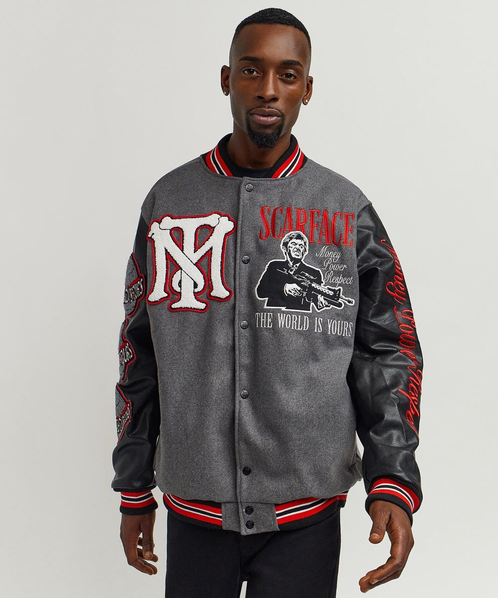 Reason Clothing Scarface the World Varsity Jacket - Black and Grey - BLACK-GREY - Bonton