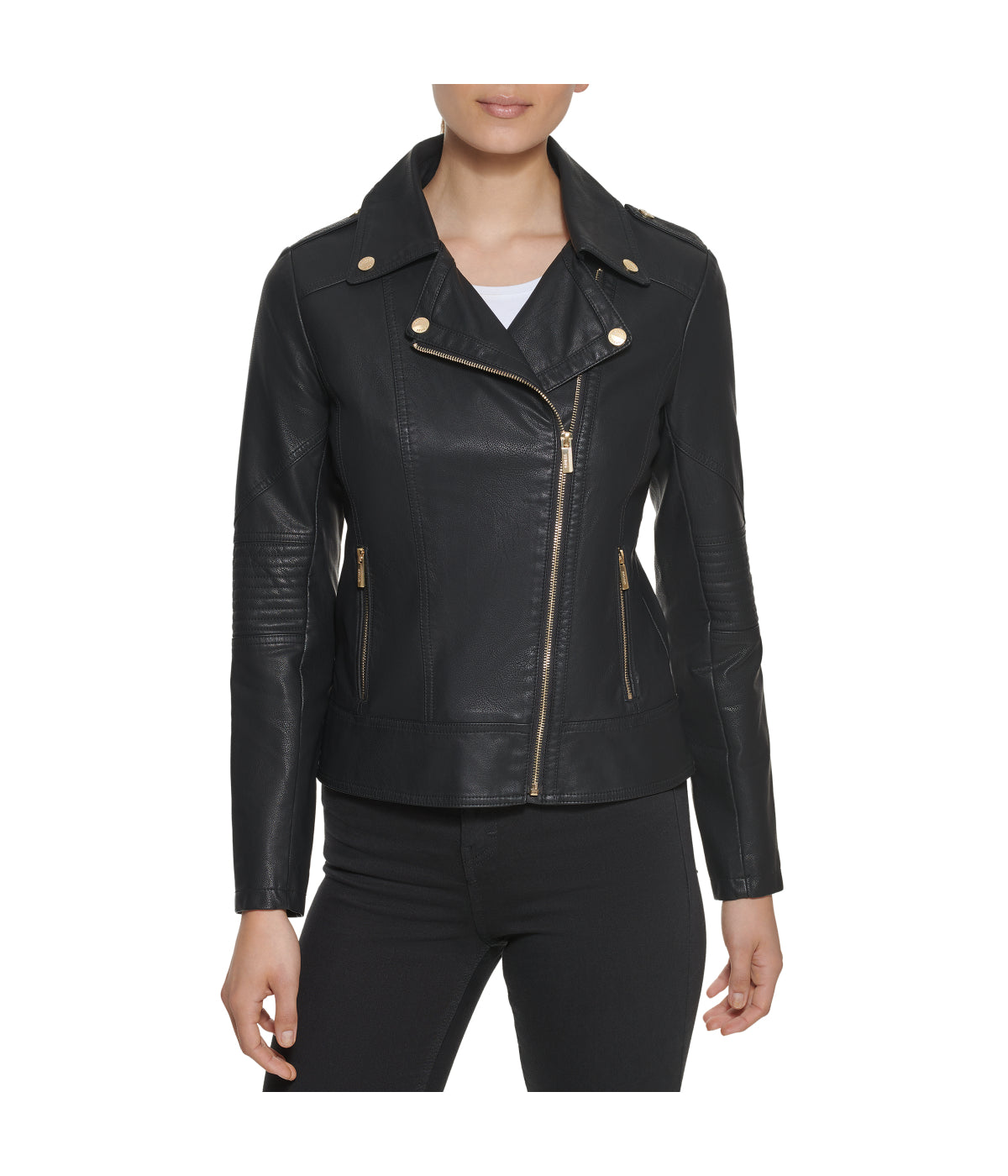  GUESS Faux Leather Asymmetrical Moto Jacket Black - Black - Bonton