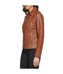 Faux Leather Asymmetrical Moto Jacket Cognac