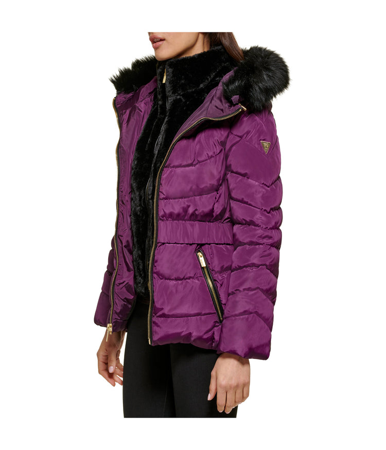 Faux Fur Trim Puffer Jacket 2 Eggplant BONTON