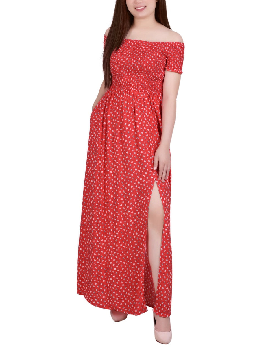  NY Collection Smocked Bodice Maxi Dress - Red Floral - Bonton