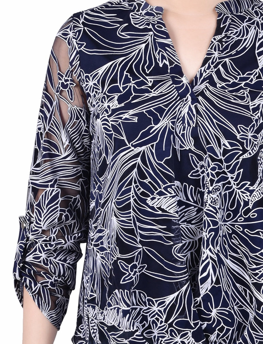 NY Collection Long Sleeve Burnout Y Neck Blouse - Black Palm Leaves - Bonton