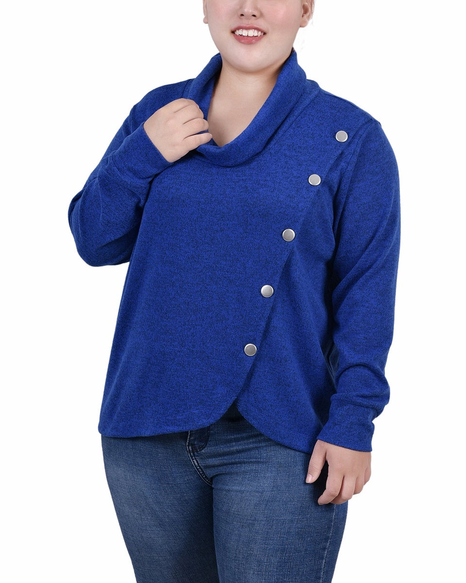  NY Collection Plus Size Long Sleeve Overlapping Cowl Neck Top - Navy Enzoz - Bonton