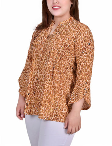 Plus Size 3/4 Sleeve Overlapped Bell Sleeve Y Neck Top