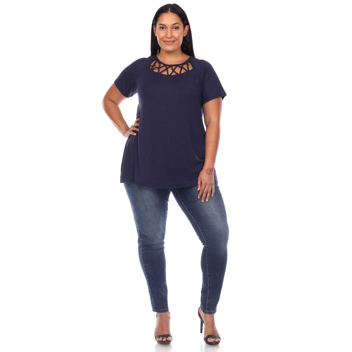  White Mark Plus Size Crisscross Cutout Short Sleeve Top - 1X - Bonton