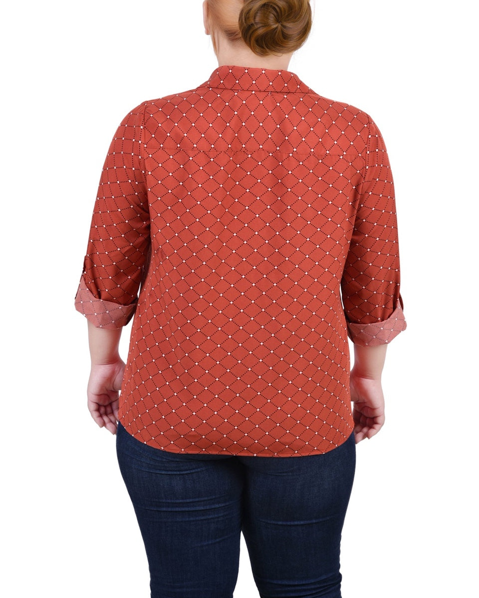  NY Collection Plus Size 3/4 Sleeve Roll Tab Notch Collar Blouse - Red Dots Mix - Bonton