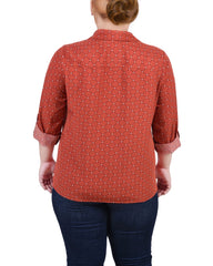 Plus Size 3/4 Sleeve Roll Tab Notch Collar Blouse