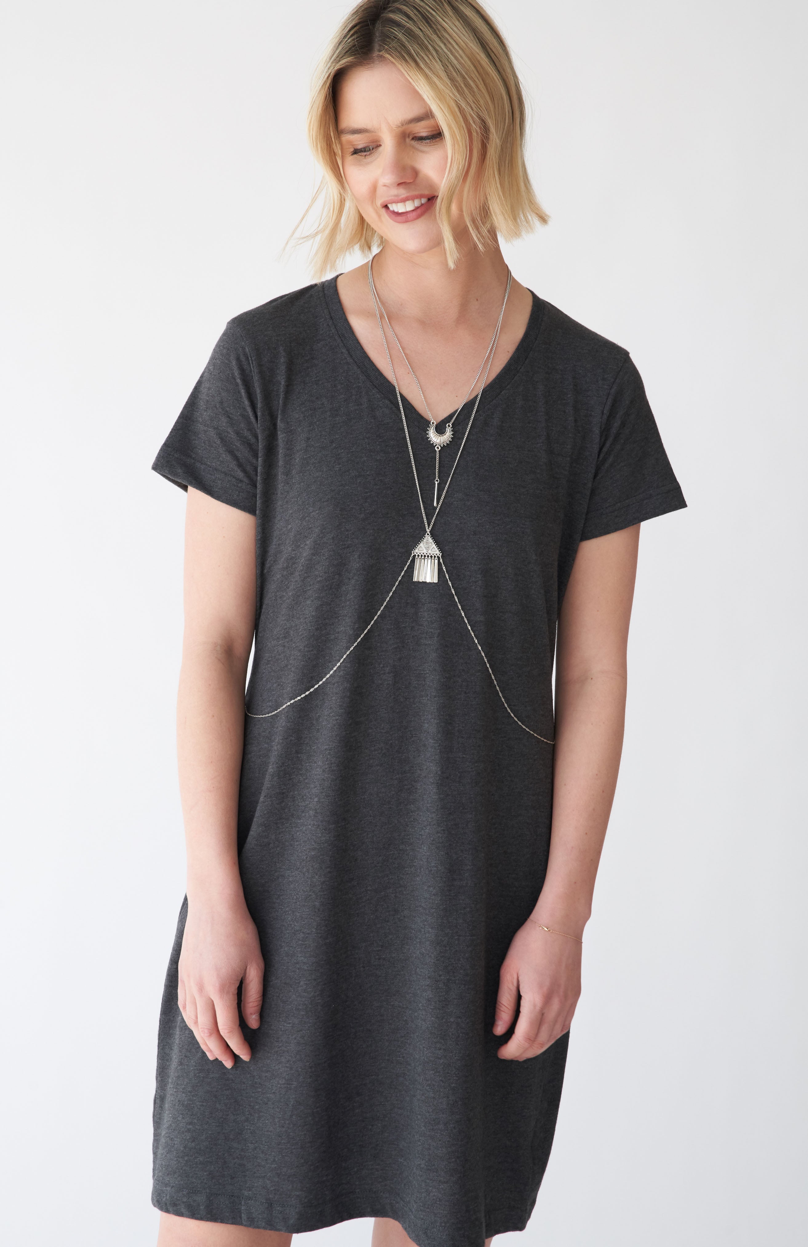  EB Earth Body Moxie V-Neck Classic Knee Length T-Shirt Dress - Black - Bonton