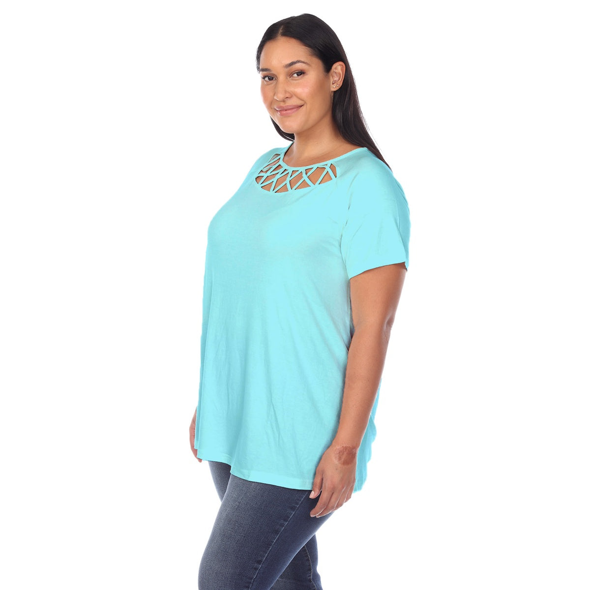  White Mark Plus Size Crisscross Cutout Short Sleeve Top - 1X - Bonton