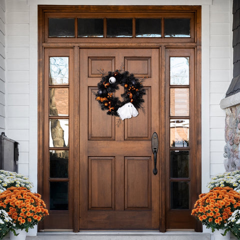Ornaments and Ghost Halloween Twig Pine Wreath - 24" - Orange and Black - Unlit