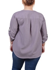 Plus Size 3/4 Roll Tab Sleeve Y-Neck Blouse