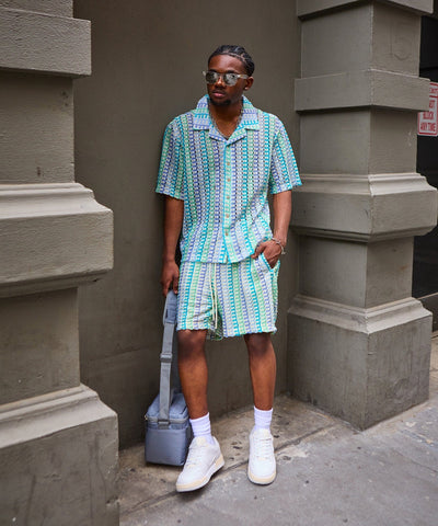 Textured Knit Short Sleeve Button Down Shirt - Light Blue