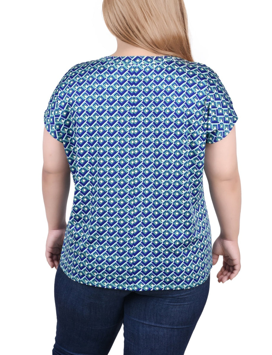  NY Collection Plus Size Extended Sleeve Top With Grommets - Black Blue Taupe Abstract - Bonton