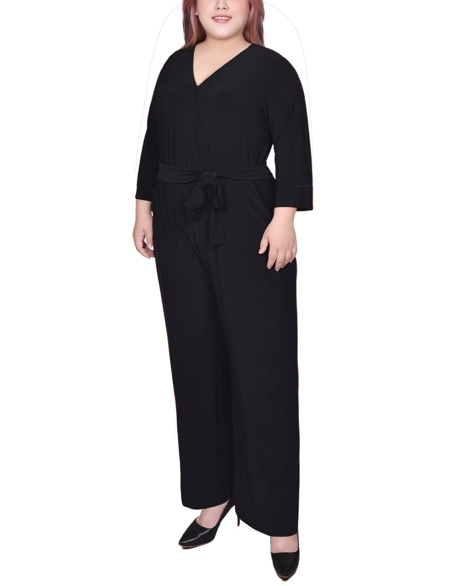  NY Collection Plus Size 3/4 Sleeve Belted Jumpsuit - Black Gold Chain Link - Bonton