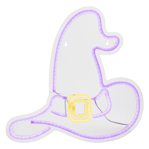 LED Lighted Neon Style Witch Hat Halloween Window Silhouette - 15" - Purple