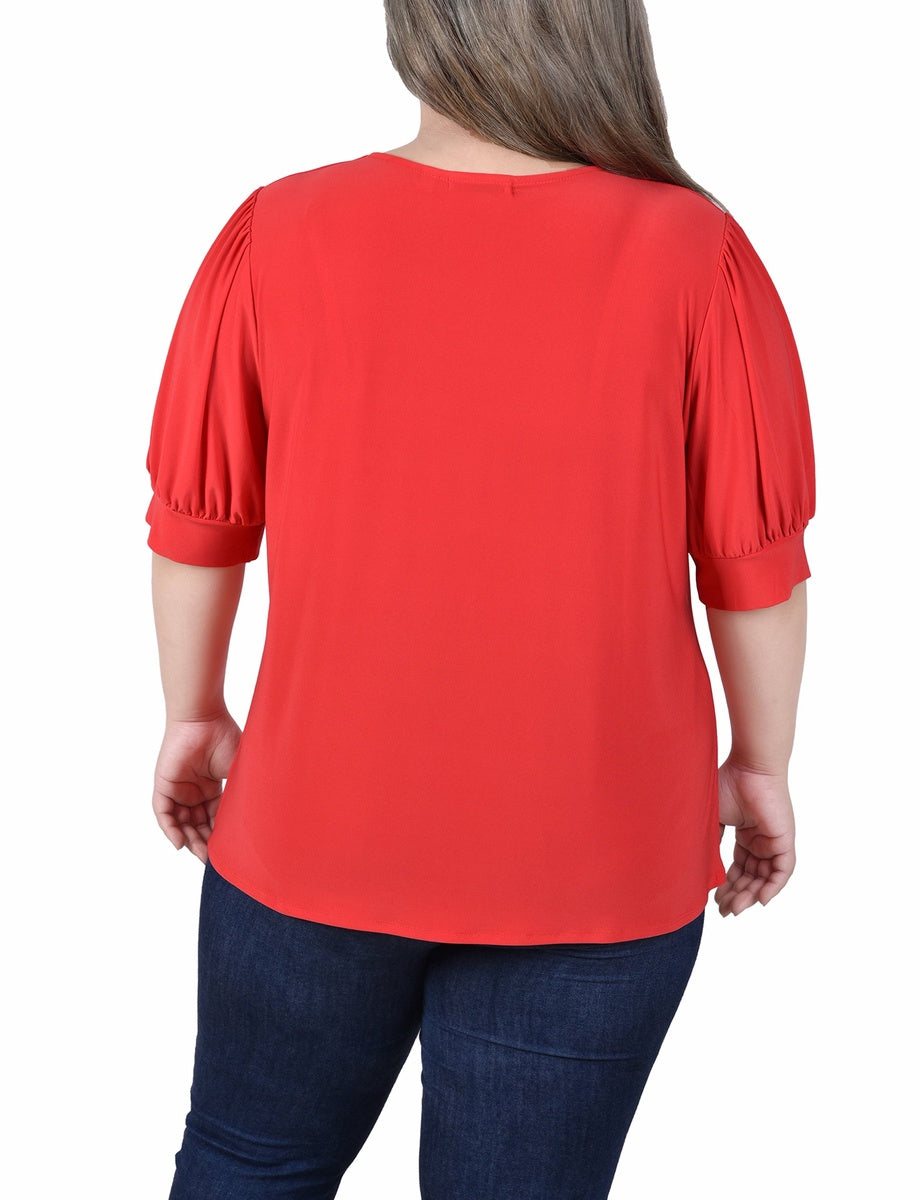  NY Collection Plus Size Short Sleeve Balloon Sleeve Top With Hardware - Bittersweet - Bonton