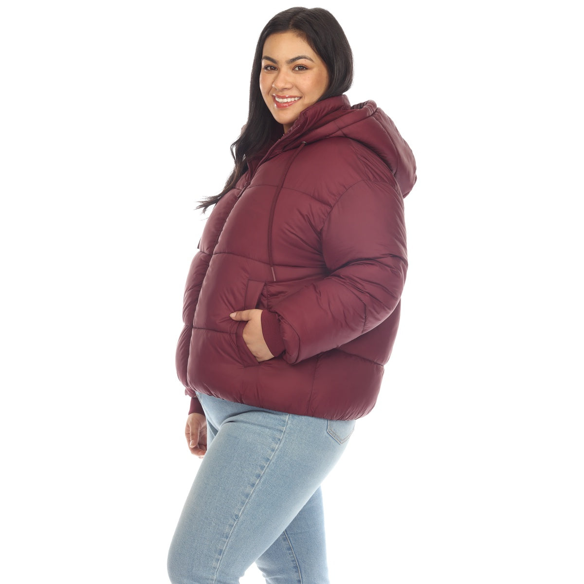  White Mark Plus Size Full Front Zip Hooded Bomber Puffer Coat - 1X - Bonton