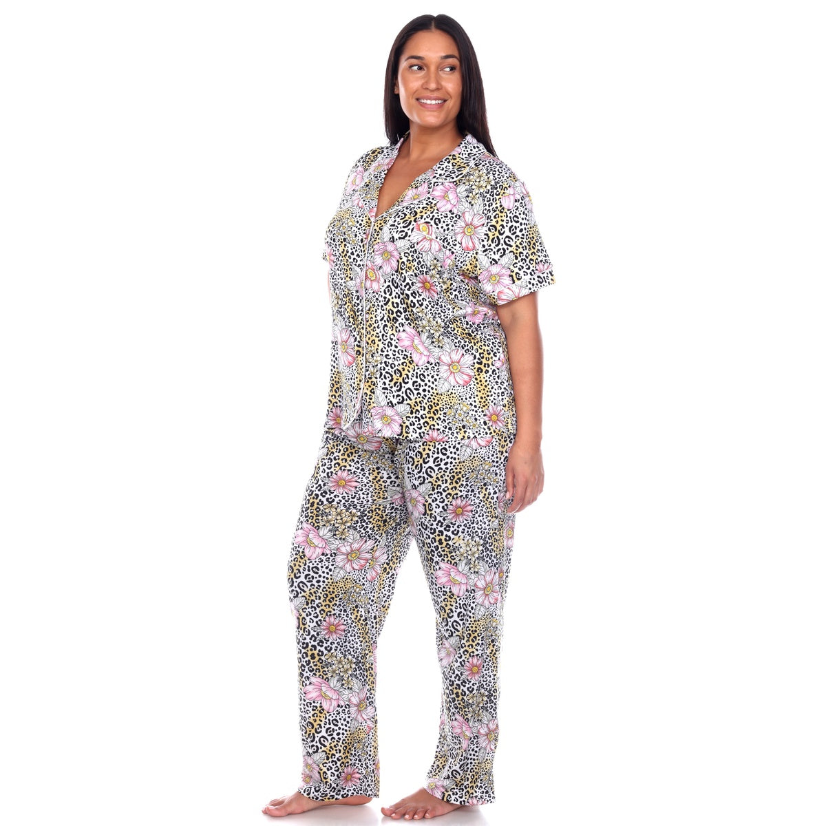  White Mark Plus Size Short Sleeve & Pants Tropical Pajama Set - 1X - Bonton