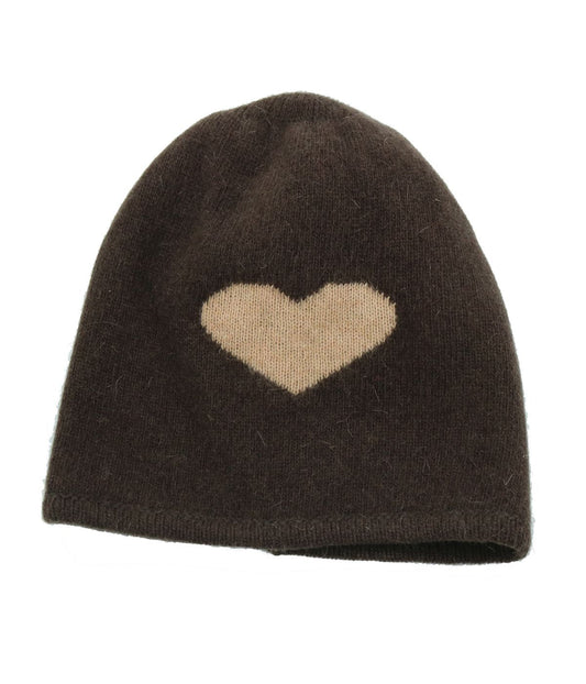 Colorblock Beanie In Heart Design Dark Brown/Pesca