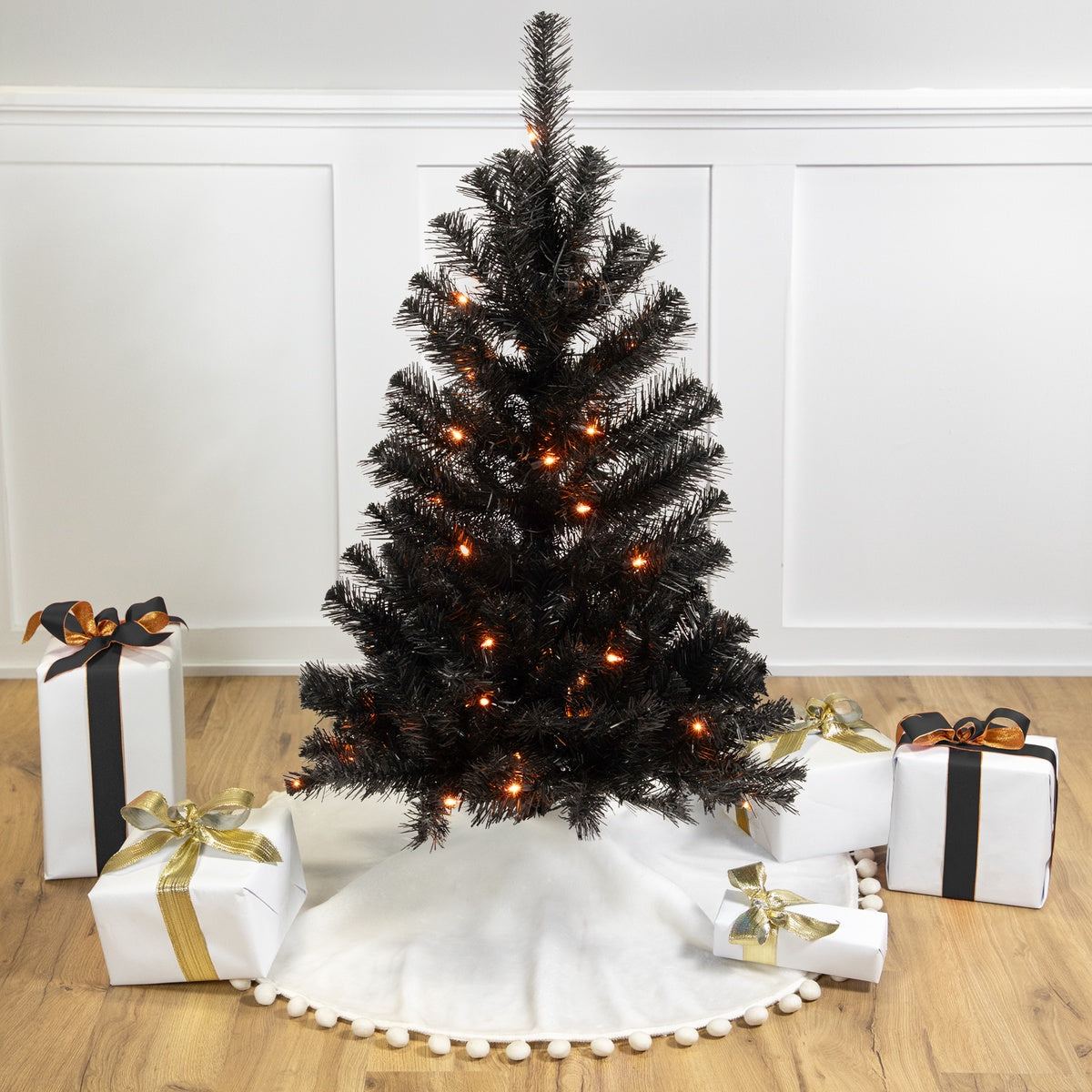  Northlight Pre-Lit Medium Black Noble Spruce Artificial Halloween Tree - 3' - Orange Lights - 3' - Bonton