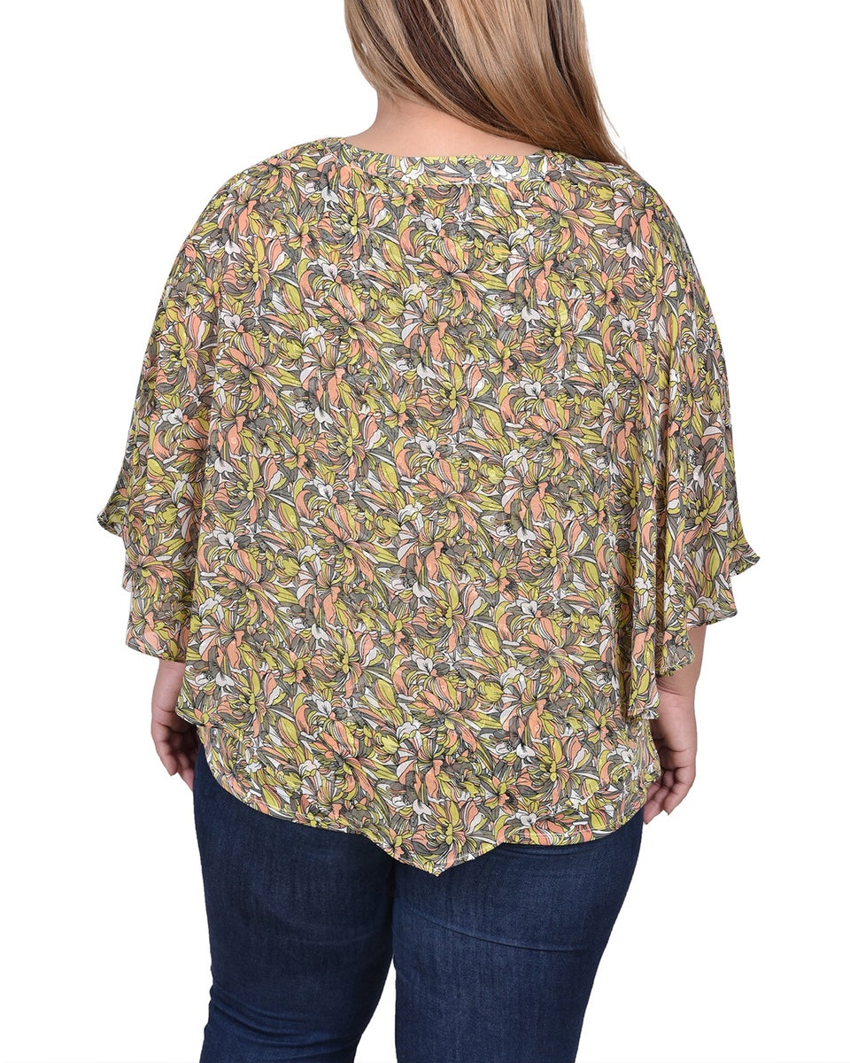  NY Collection Plus Size Chiffon Poncho Top With Ring - Ivory Floral - Bonton