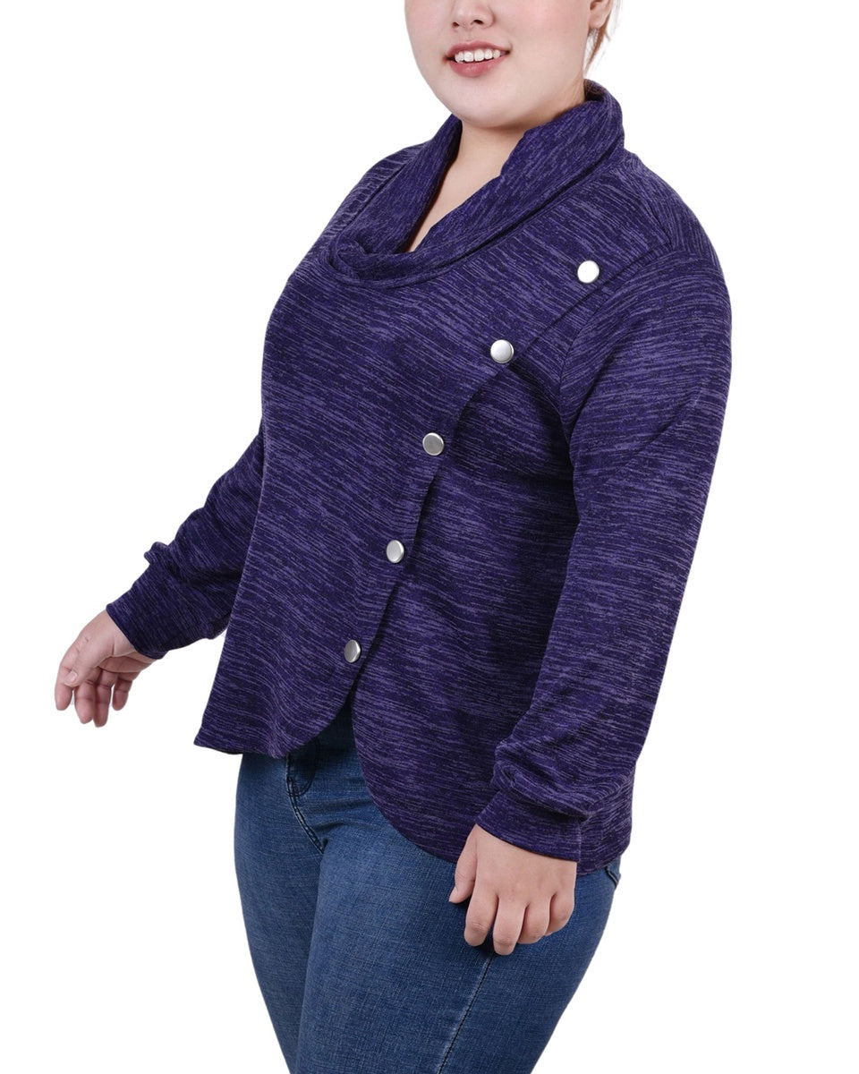  NY Collection Plus Size Long Sleeve Overlapping Cowl Neck Top - Navy Enzoz - Bonton