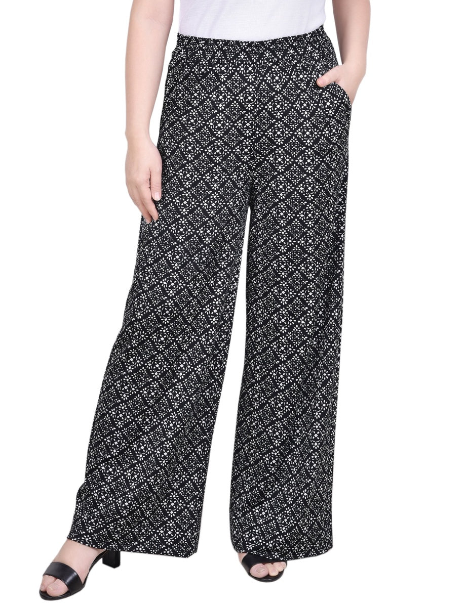  NY Collection Petite Wide Leg Pull on Pant - Black Navy Abstract - Bonton