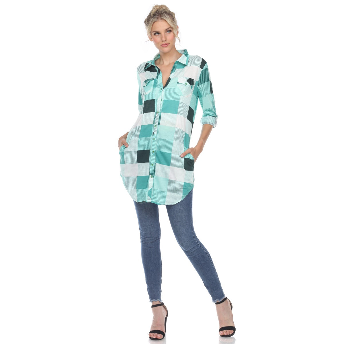  White Mark Women's Plaid Button Down Tunic Top - S - Bonton