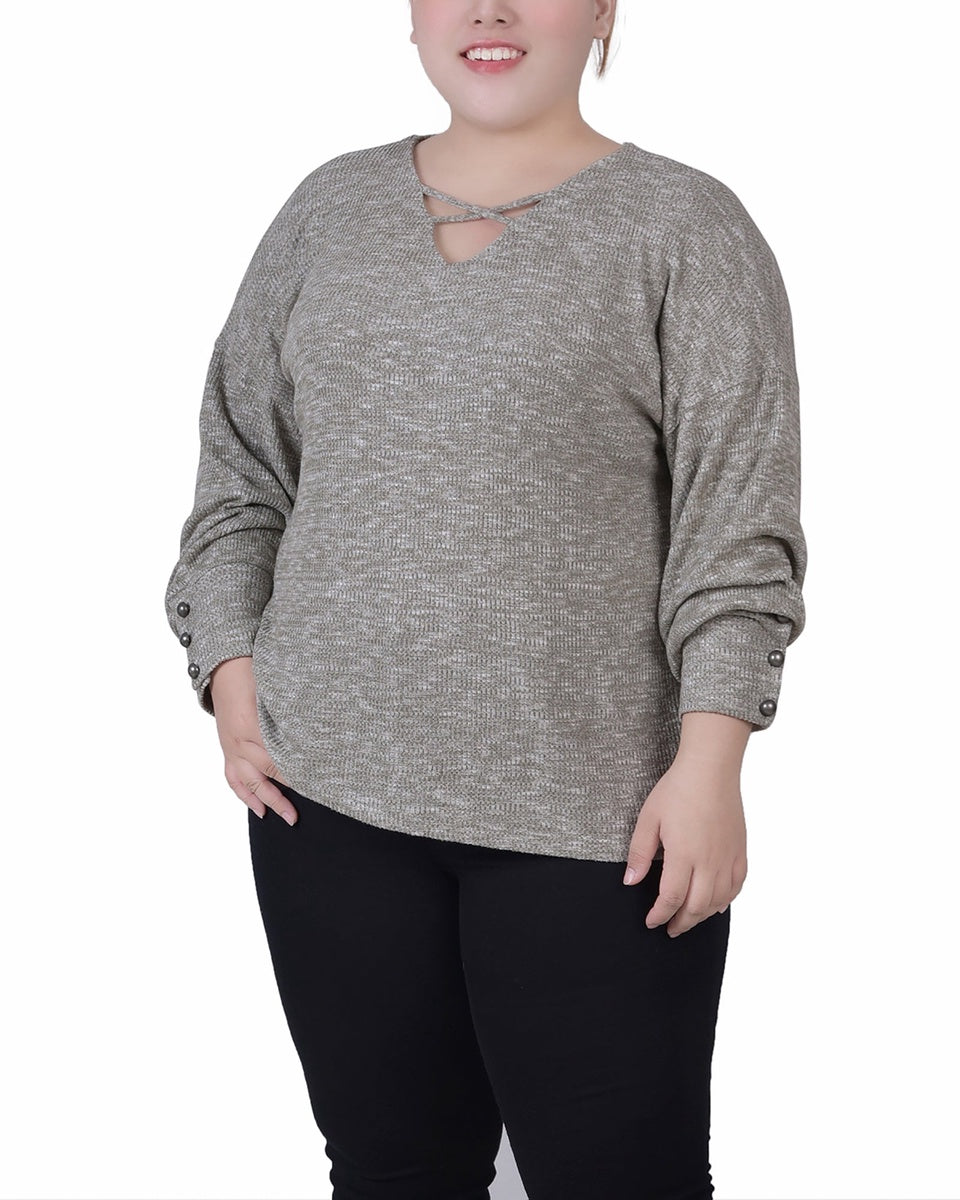  NY Collection Plus Size Long Sleeve Criss Cross Neck Pullover Top - Light Olive - Bonton