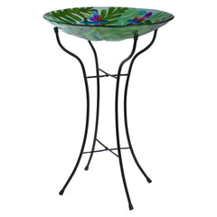 18" Colorful Dragonfly With Green Leaves Hand Painted Glass Outdoor Patio Birdbath