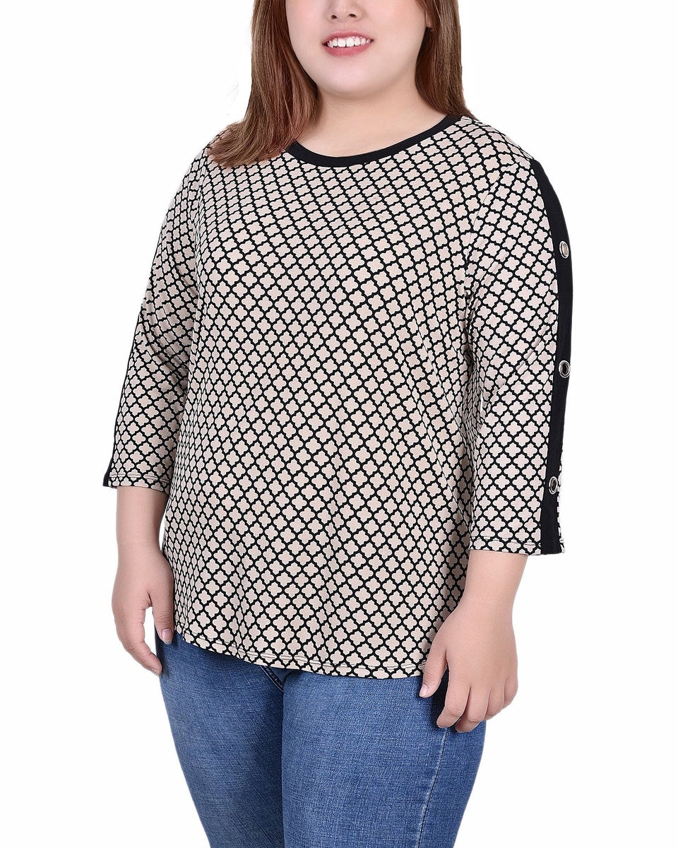  NY Collection Plus Size 3/4 Sleeve Top With Combo Bands and Grommets - Doeskin Quatrefoil - Bonton