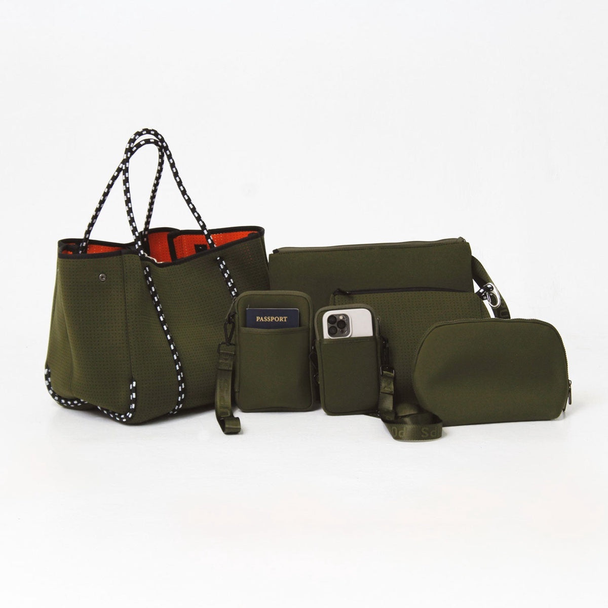  Pop Ups Brand Safari Green Set: Everyday Tote + Oversized Wristlet Pouch + Essential Pouch + Makeup Pouch Set + Passport Wallet + Phone Bag - Default Title - Bonton