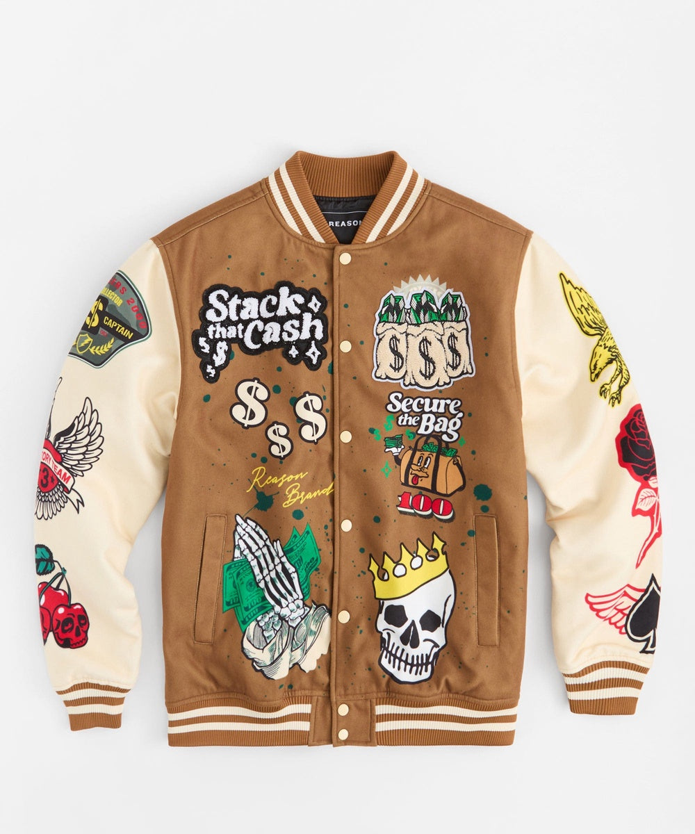  Reason Clothing Cash Chenille Patched Varsity Jacket - Brown - BROWN - Bonton