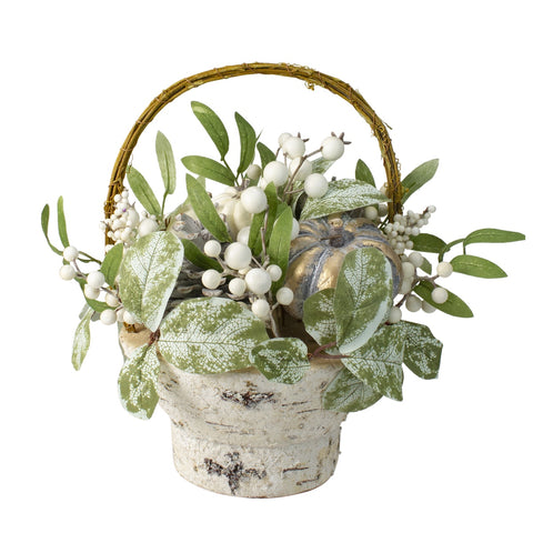 13" Green and Gold Pumpkin and Leaves Artificial Thanksgiving Basket