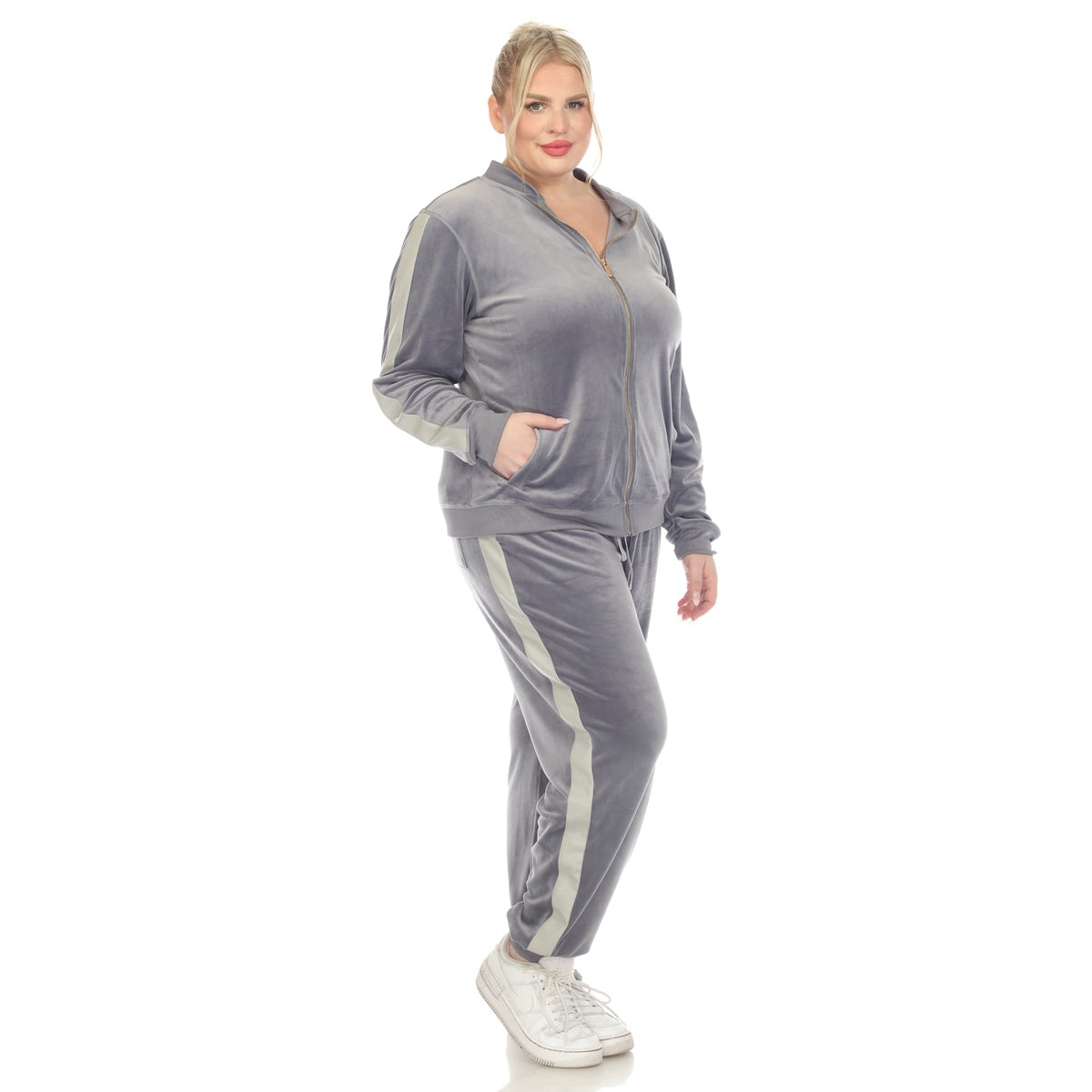  White Mark Plus Size 2-Piece Velour With Faux Leather Stripe - 1X - Bonton