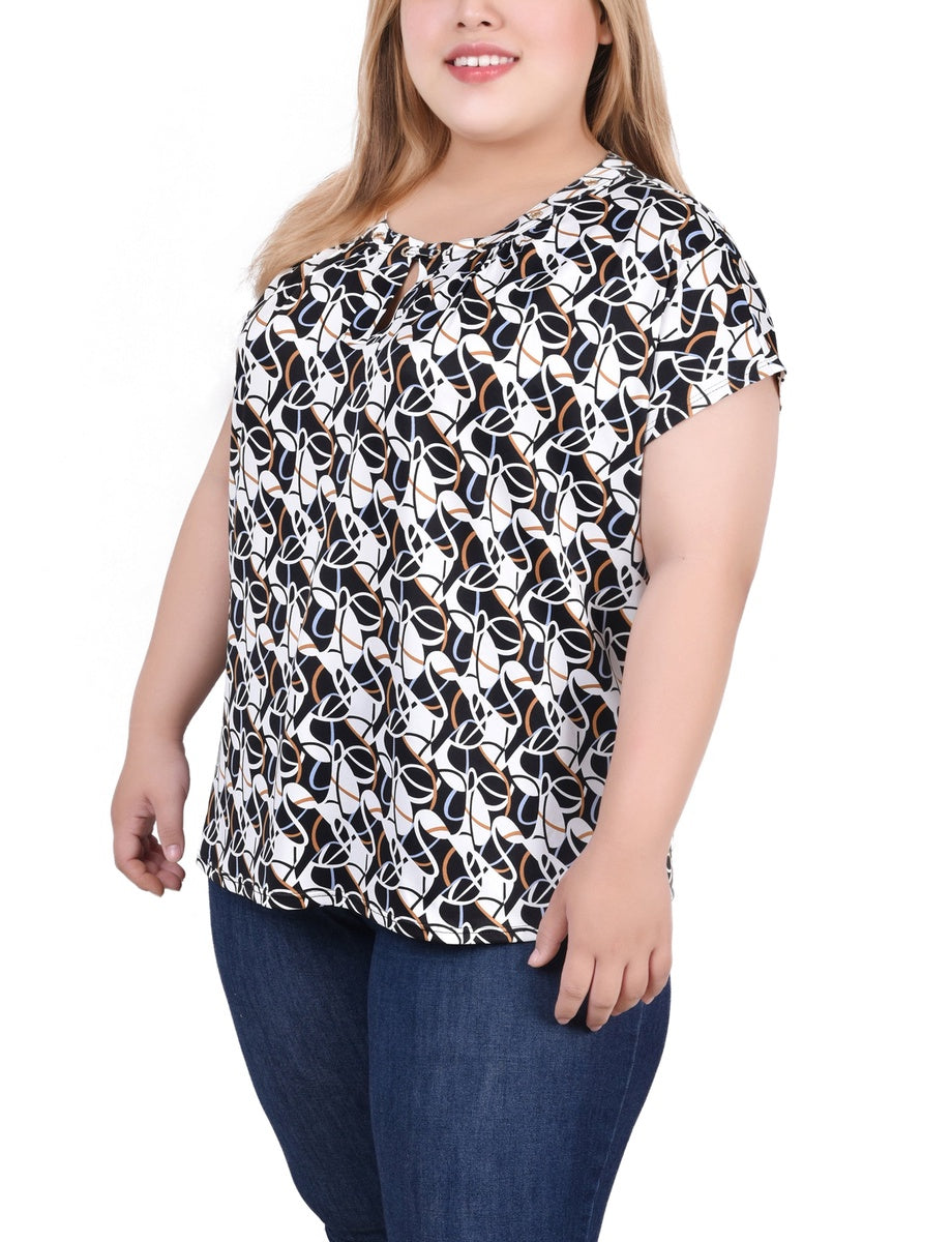  NY Collection Plus Size Extended Sleeve Top With Grommets - Black Blue Taupe Abstract - Bonton