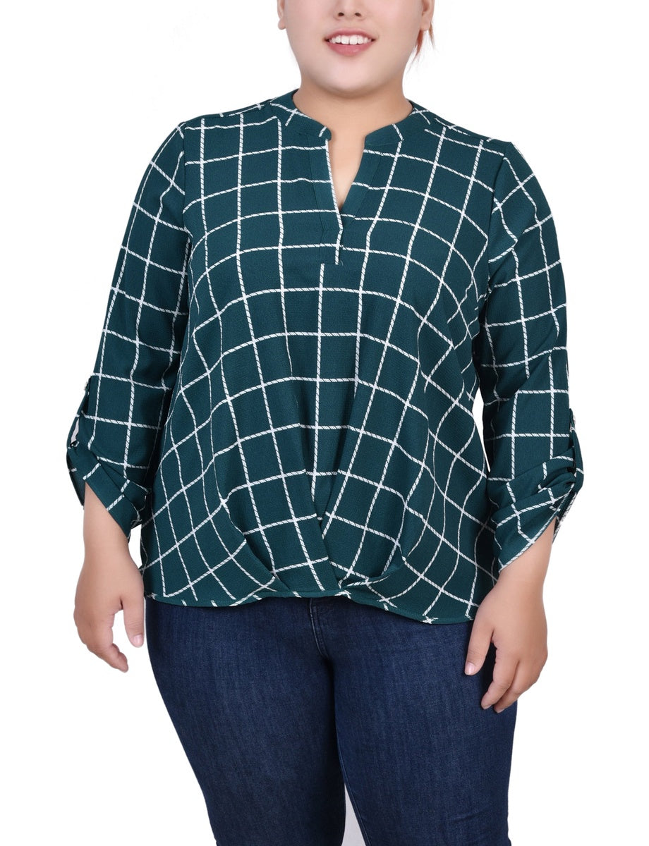  NY Collection Plus Size 3/4 Sleeve Mandarin Collar Blouse With Front Pleats - Botanical Green Box Print - Bonton