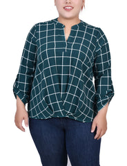 Plus Size 3/4 Sleeve Mandarin Collar Blouse With Front Pleats