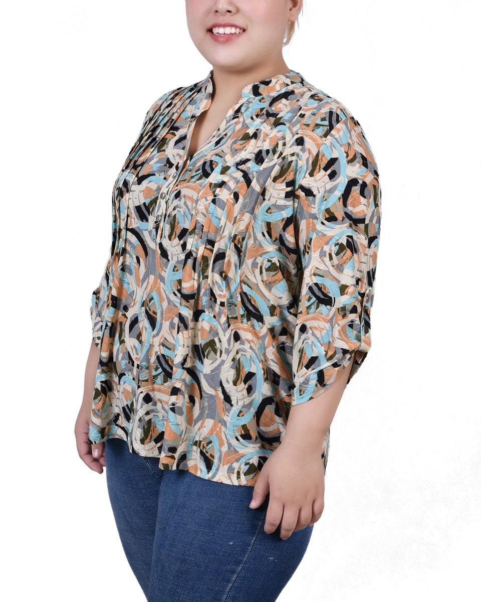  NY Collection Plus Size 3/4 Roll Tab Sleeve Y Neck Top - Grey Floral - Bonton