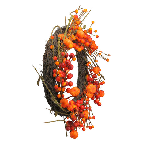 Red and Orange Fall Berry and Mini Pumpkin Artificial Thanksgiving Wreath - 20-Inch  Unlit