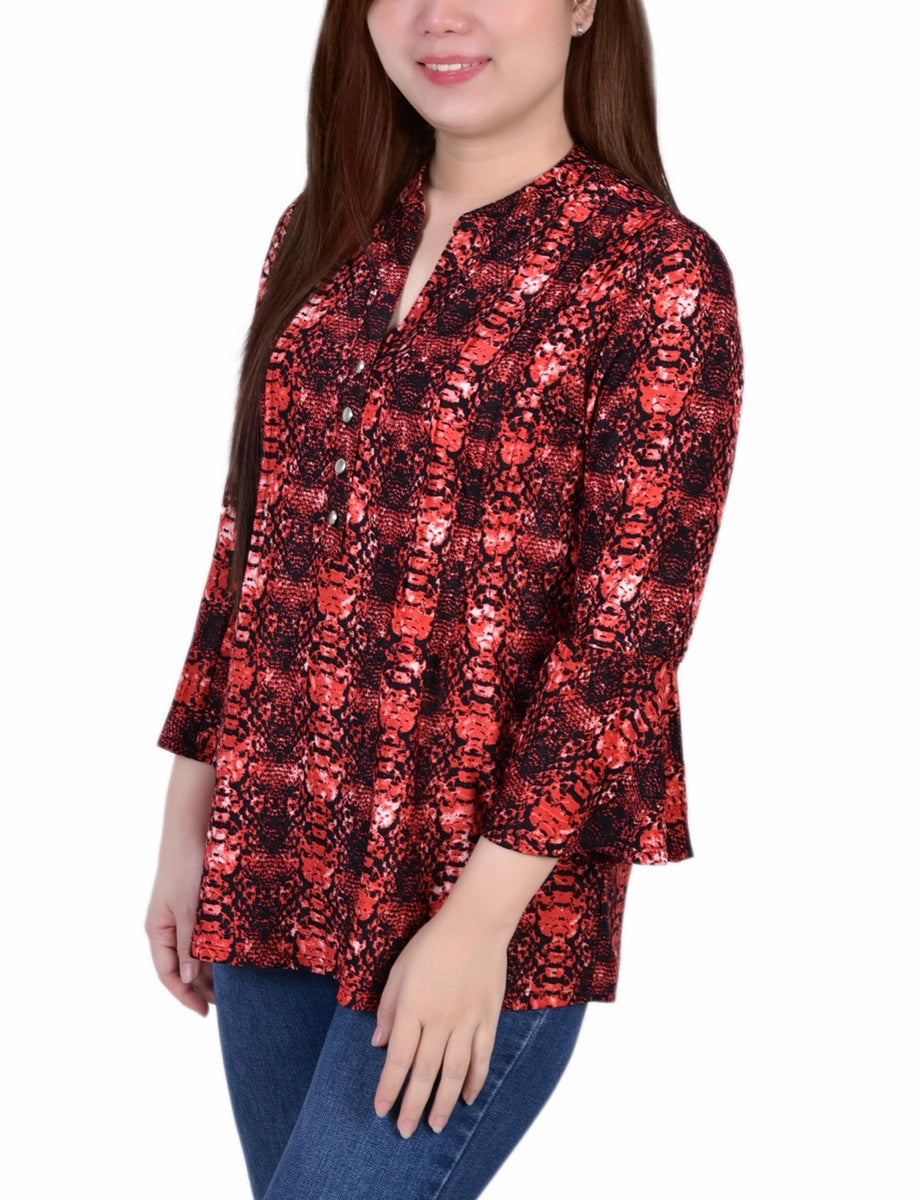  NY Collection 3/4 Bell Sleeve Pleat Front Y Neck Top - Mauve Tie Dye - Bonton