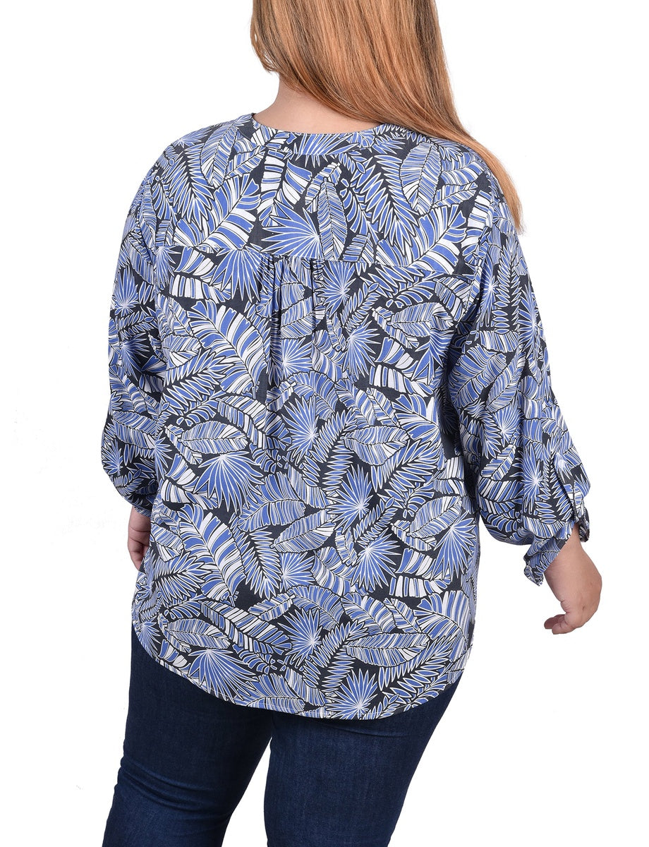  NY Collection Plus Size Long Roll Tab Sleeve Pintuck Front Blouse - Blue Chevron - Bonton