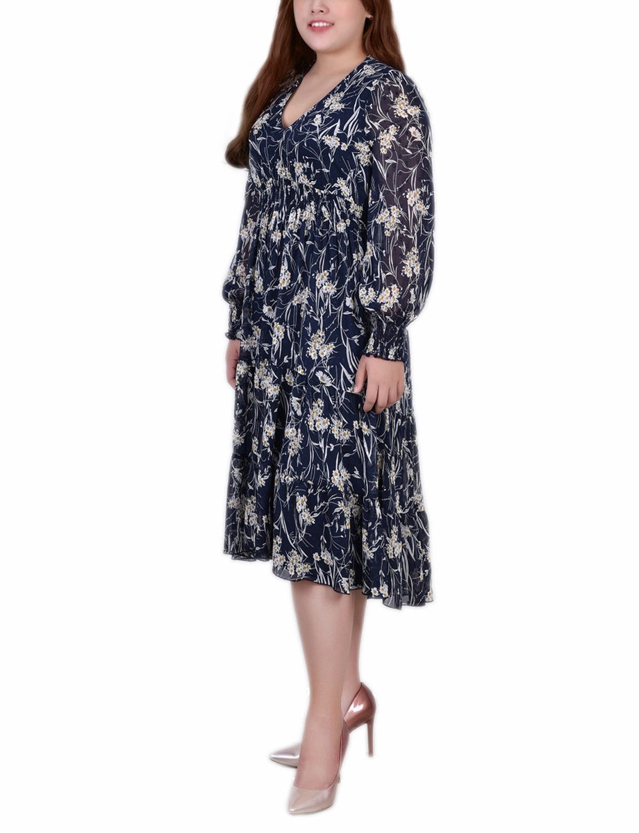  NY Collection Plus Size Long Sleeve Clip Dot Chiffon Dress With Smocked Waist and Cuffs - Navy Floral - Bonton