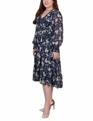 Plus Size Long Sleeve Clip Dot Chiffon Dress With Smocked Waist and Cuffs