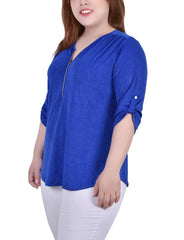 Plus Size 3/4 Roll Tab Zip Front Jacquard Knit Top