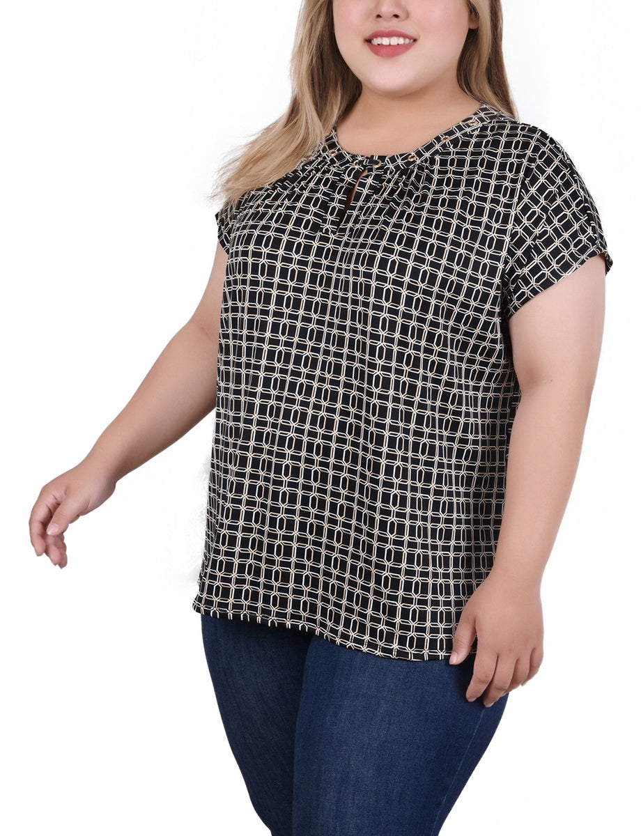  NY Collection Plus Size Extended Sleeve Top With Grommets - Black Blue Taupe Abstract - Bonton