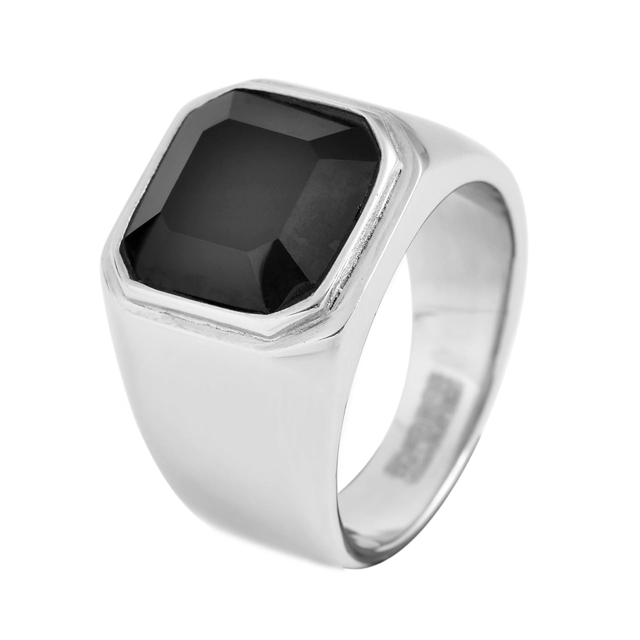  Gemesis Jewels by Edforce Men's Black Octagon Glass Stone Ring - Silver - Bonton